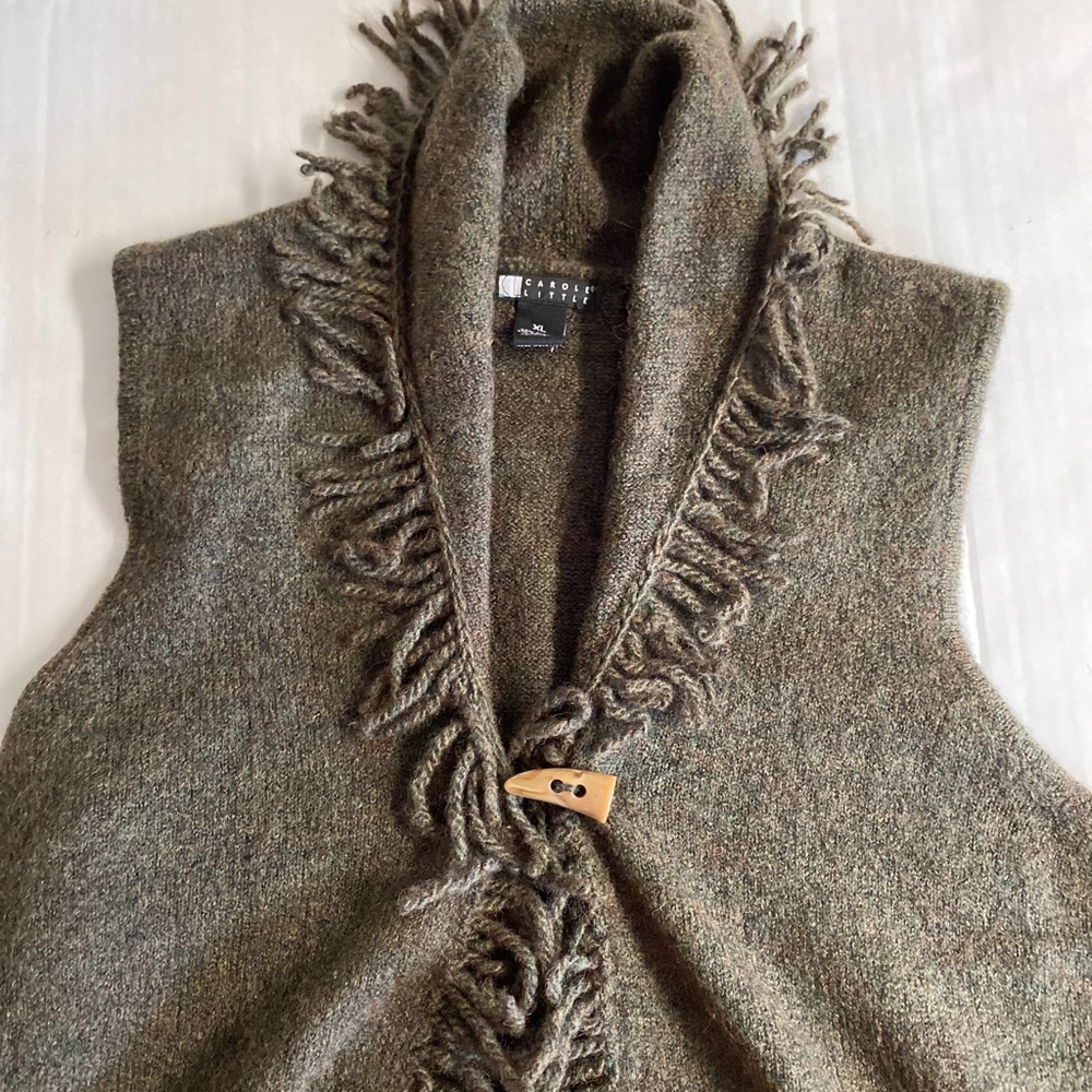 Carole Little Brown 25% wool fringe Boho Fringe vest with toggle button XL